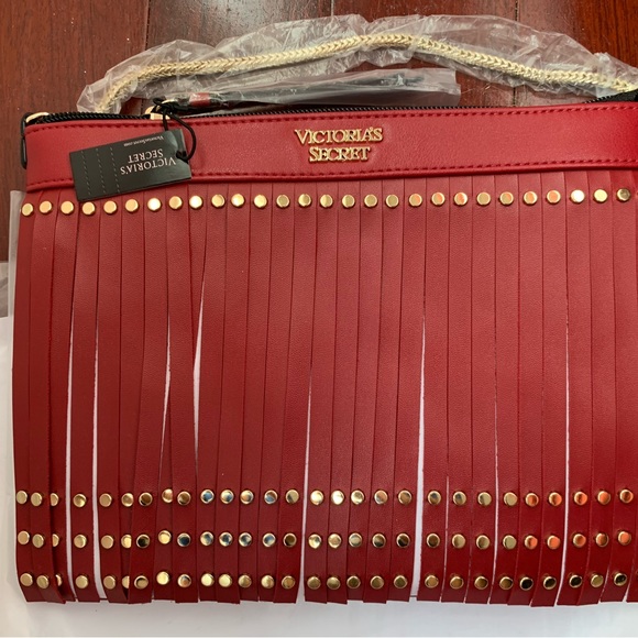 Victoria’s Secret Handbag 10x7 red leather studded fringe vintage NEW! - Picture 3 of 4